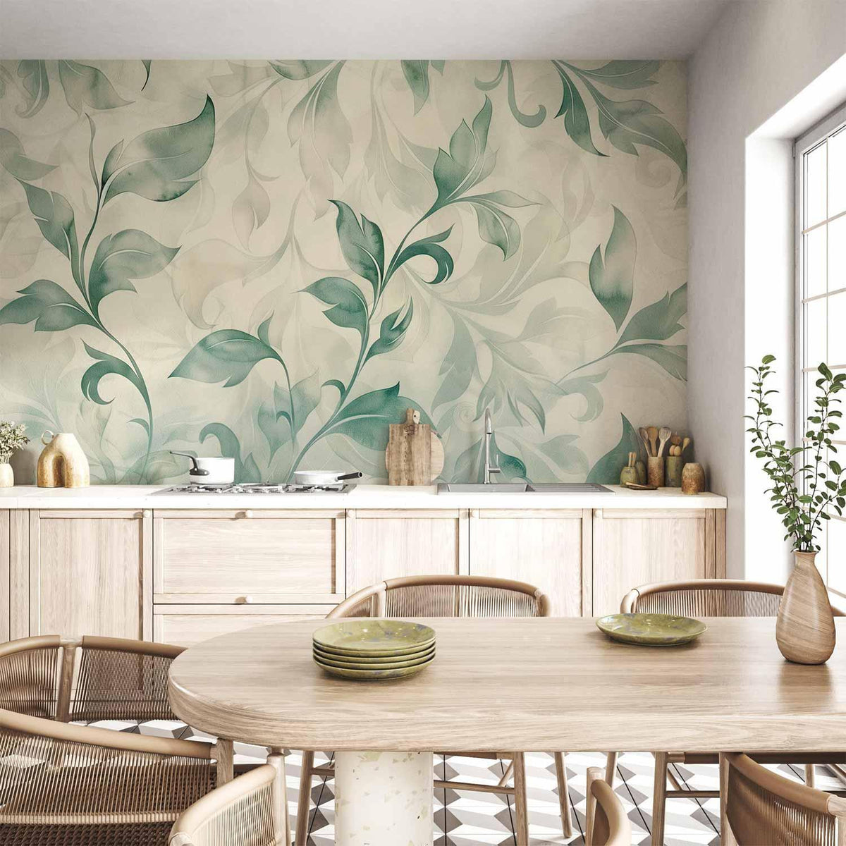 Fototapete - Watercolor Botanical Motif Delicate Green-Beige Leaves