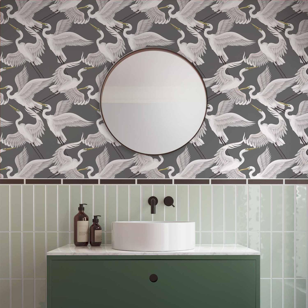 Tapete - Flying birds – a delicate pattern of white and grey herons on a grey background