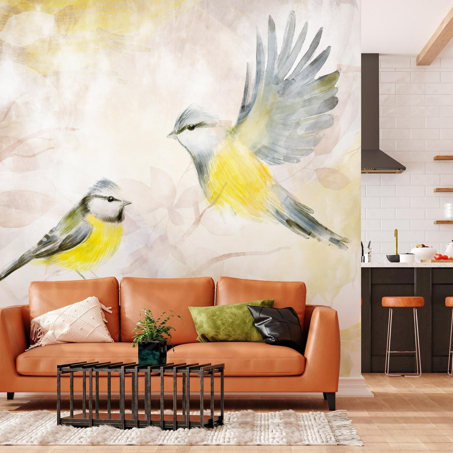 Fototapete - Painted tits - bird motif with patterns in yellow and beige tones Artgeist