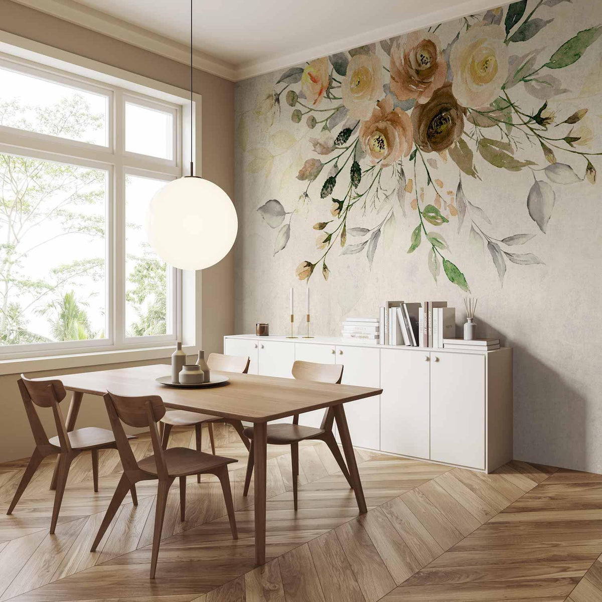 Fototapete - Summer bloom - retro floral motif with flowers and leaves with patterns