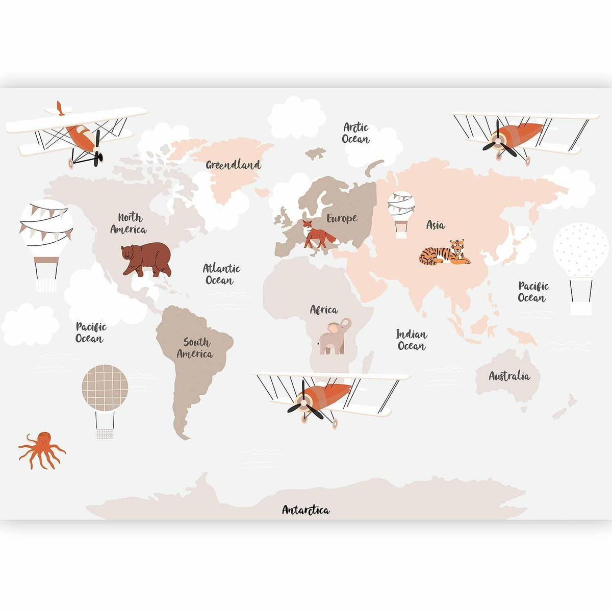 Fototapete - Map in Shades of Beige - Continents With Animals