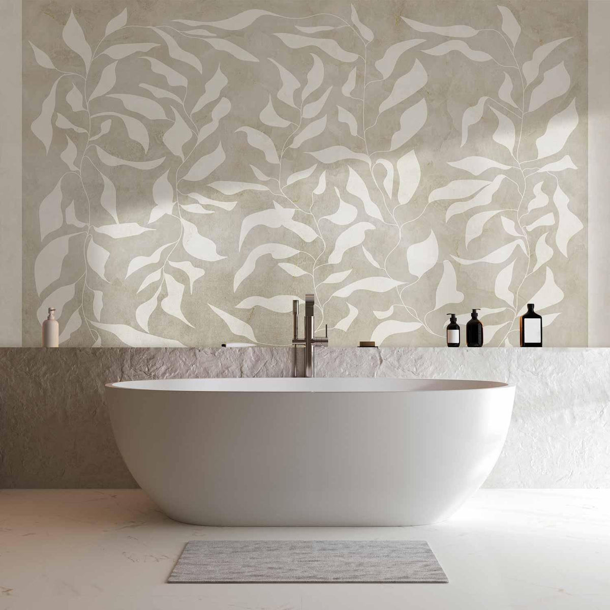Fototapete - White leaves - abstract plant motif on beige background with frame