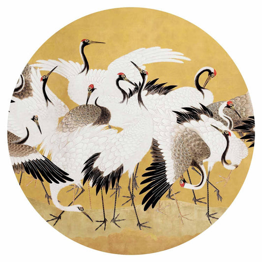 Runde Fototapete - Japanese cranes - a flock of birds against a golden background based on a painting by Ishida Yūtei