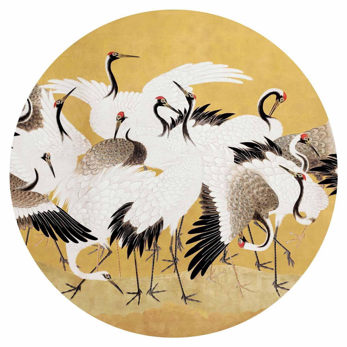 Runde Fototapete Japanische Kraniche auf goldenem Hintergrund