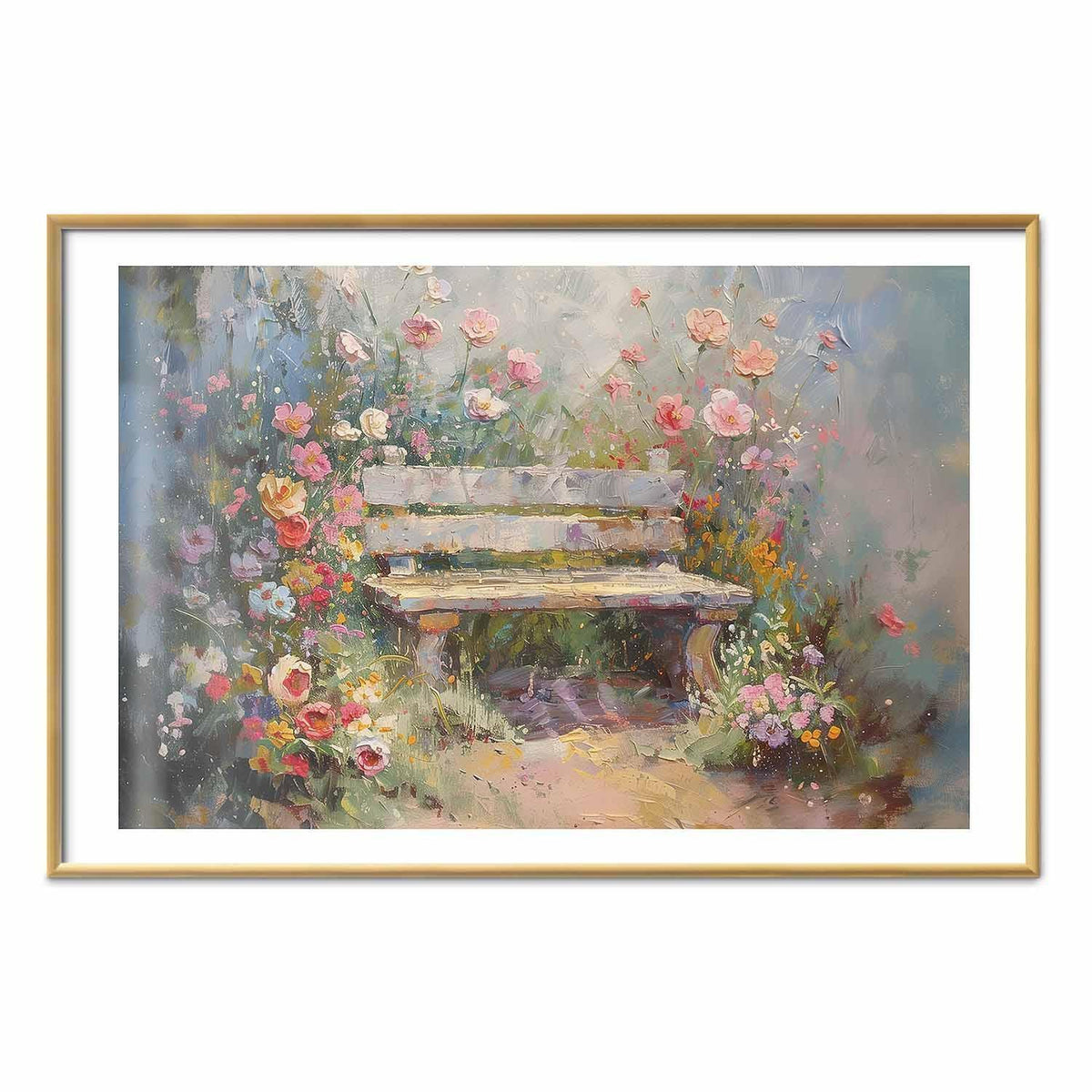Poster - Flowery bench - impressionist painting full of flowers