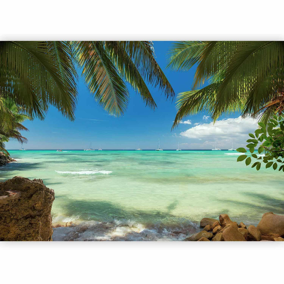 Fototapete Entspannung am Strand – Palmen, Meer & Yachten