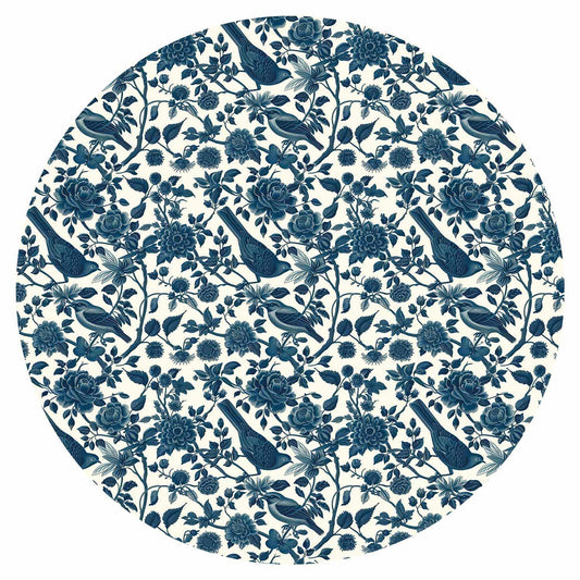 Runde Fototapete - Birds and roses - monochrome blue pattern with botanical motif