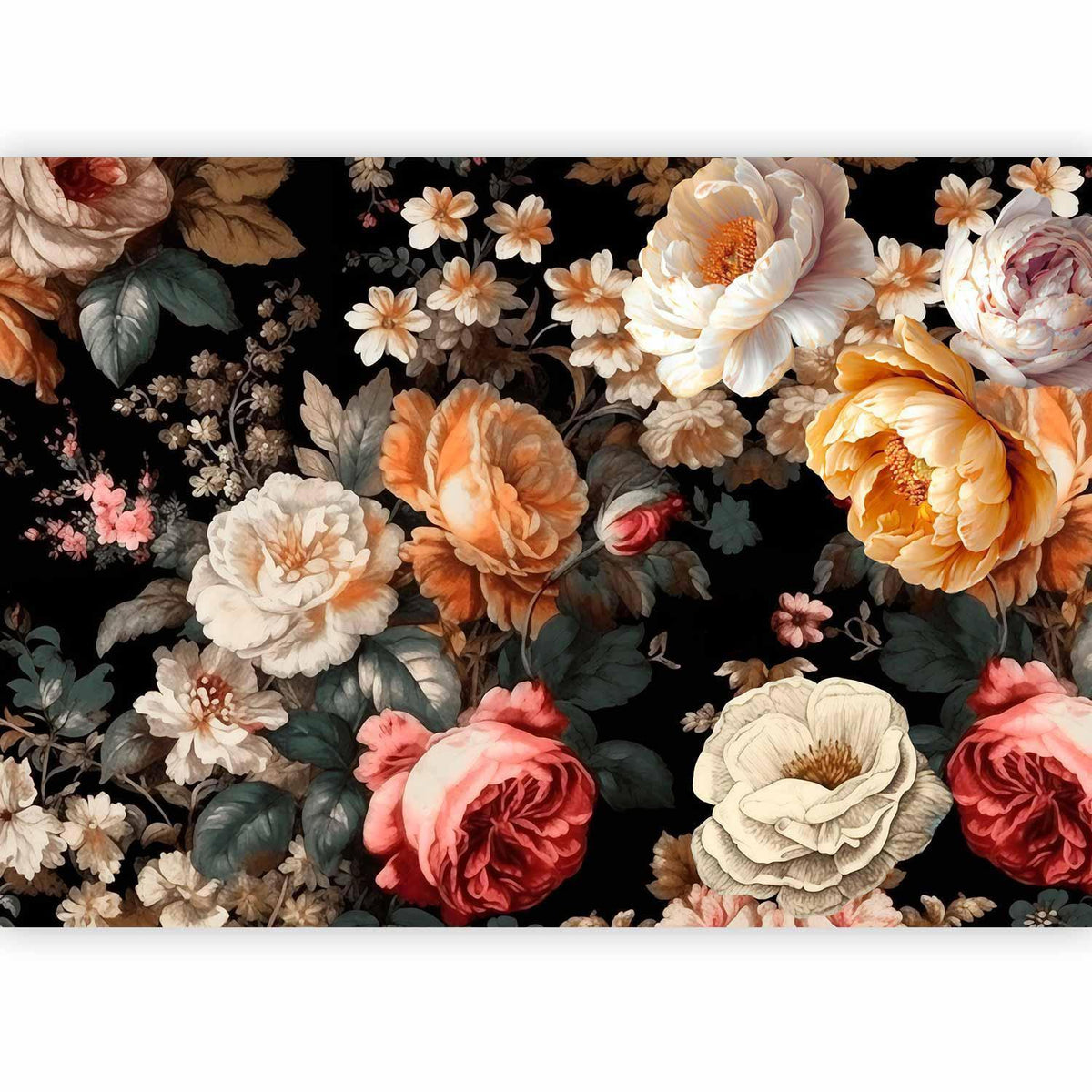Fototapete Blumen auf Schwarz – Üppige Blüten im flämischen Stil