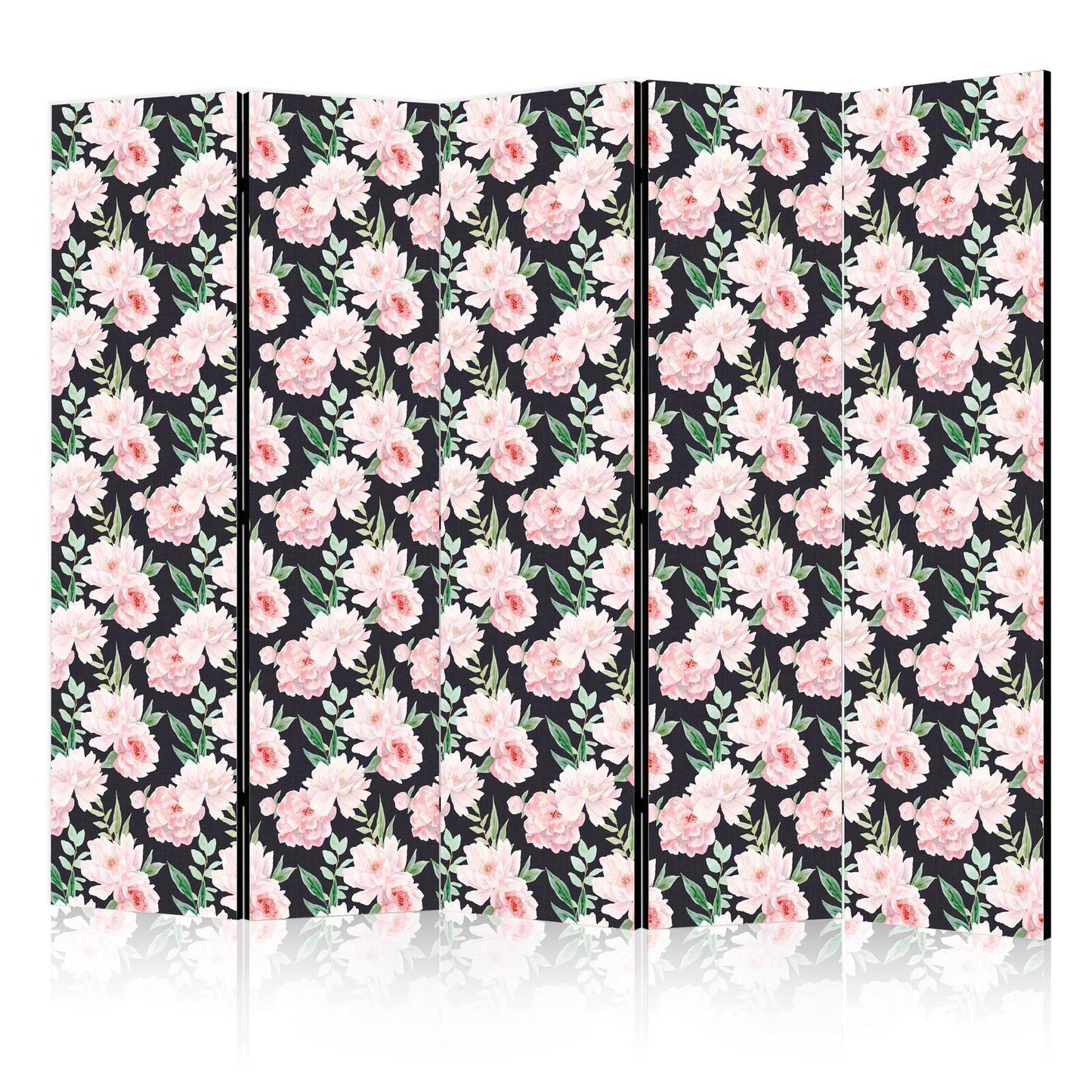 Paravent - Peonies - Pink Flowers and Green Leaves on a Graphite Background Artgeist
