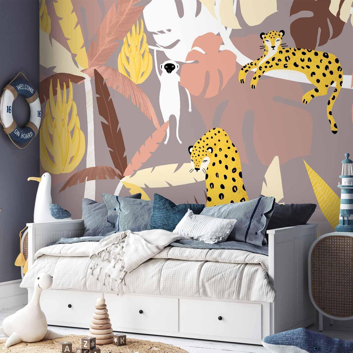 Fototapete - Cheetahs in the jungle - landscape with exotic animals with palm trees for children