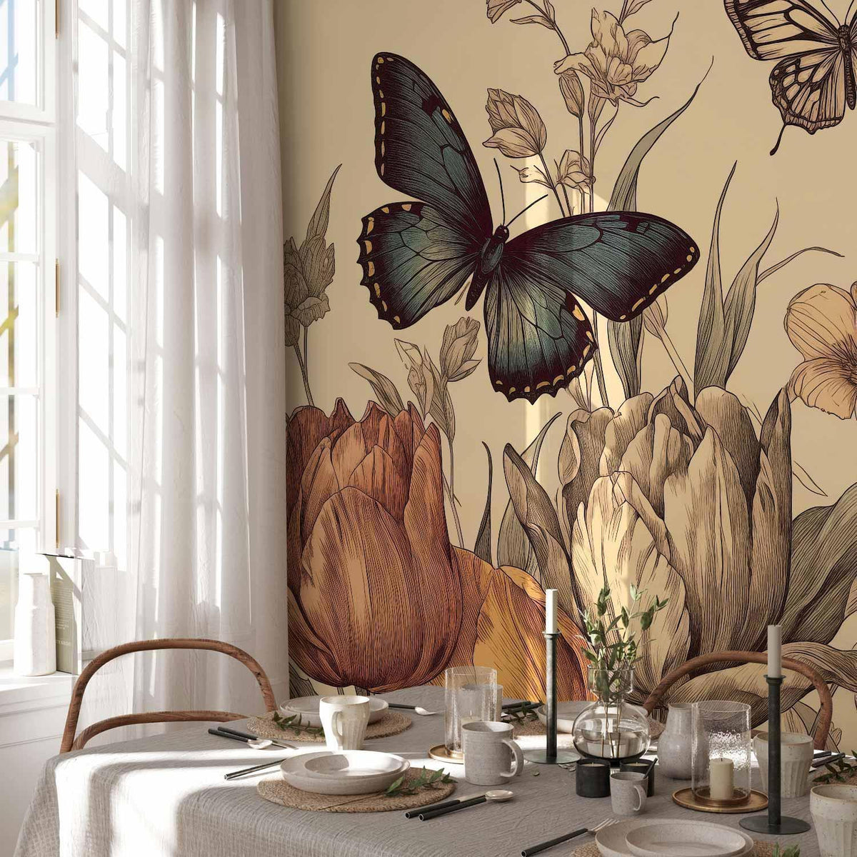 Fototapete Tulpen & Schmetterlinge – Botanische Vintage-Illustration auf Creme