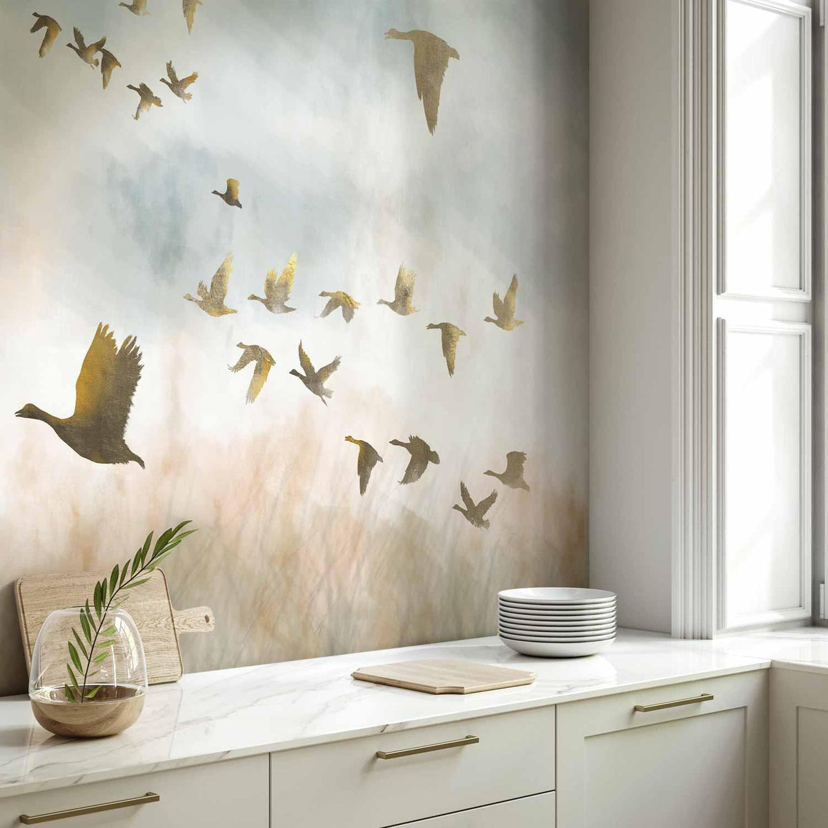 Fototapete Goldene Gänse - Elegante Illustration auf Beige