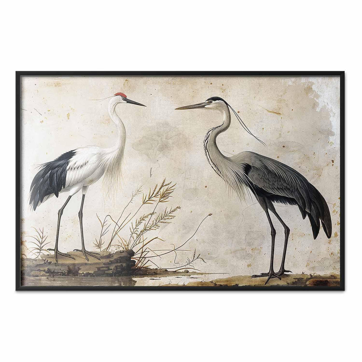 Poster - Birds from an Old Engraving - vintage-style illustration of a heron and a crane