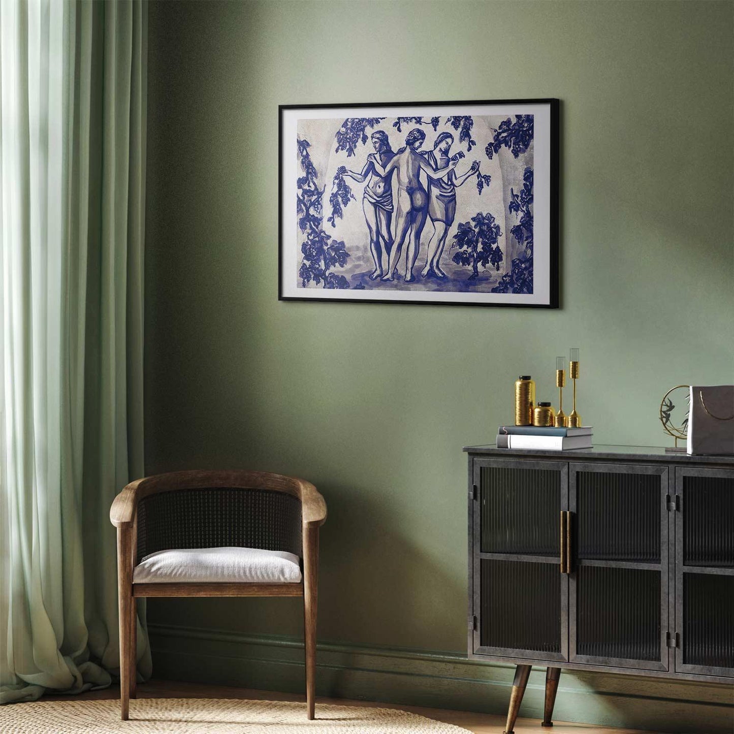 Poster - Ancient Vineyard - three women in a portal painted in blue ink Artgeist