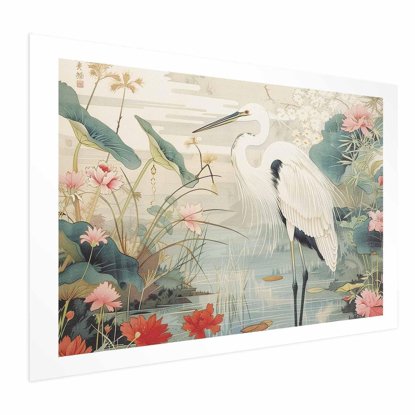 Poster - Over the Asian Pond - illustration in the Japanese print style featuring a heron Artgeist