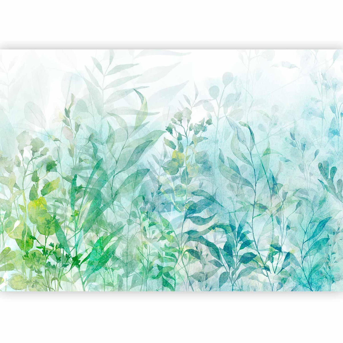 Fototapete Aquarell Blätter – Sanfte Pflanzenkomposition in Grün und Türkis