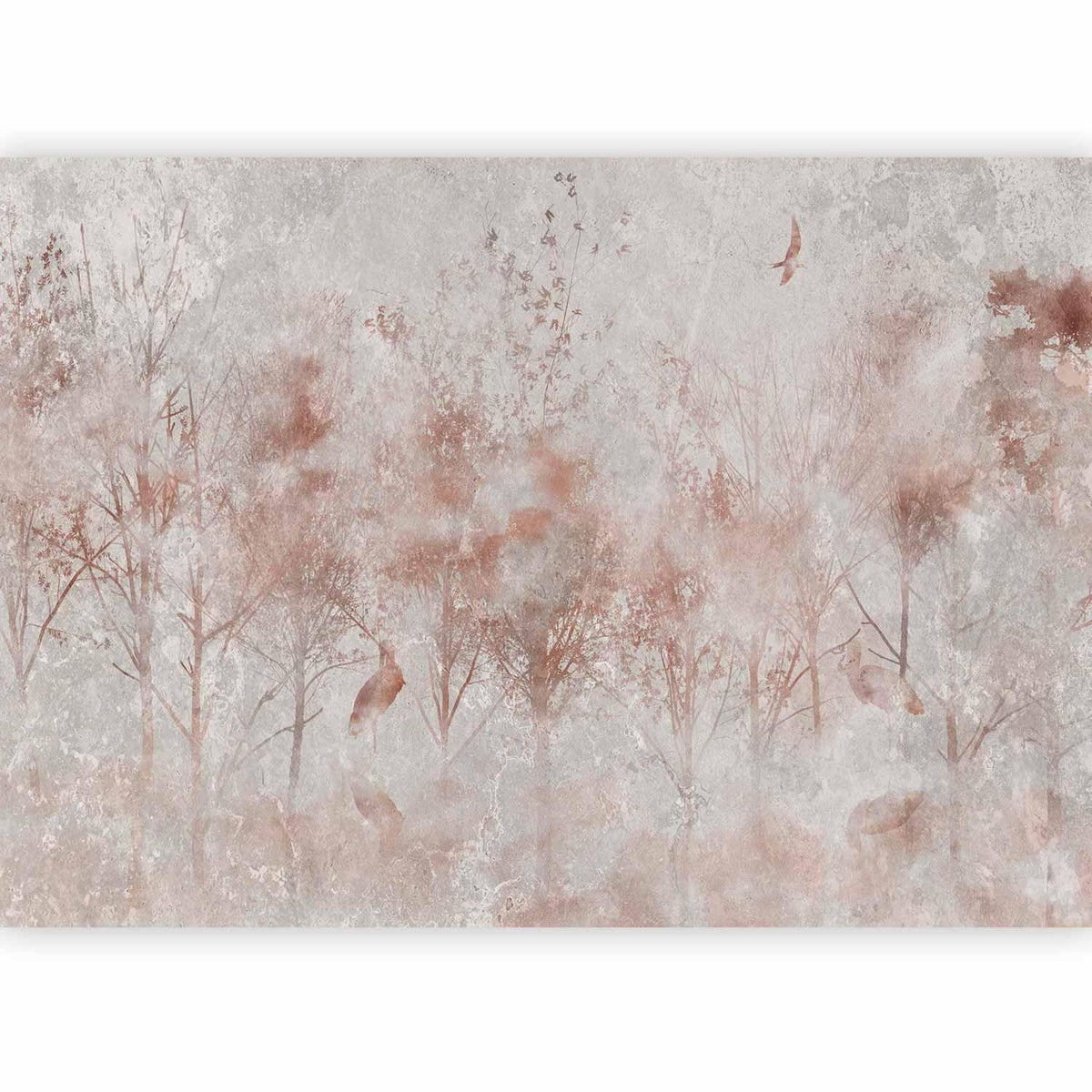 Fototapete - Autumn landscape - abstract with trees and birds on a textured background