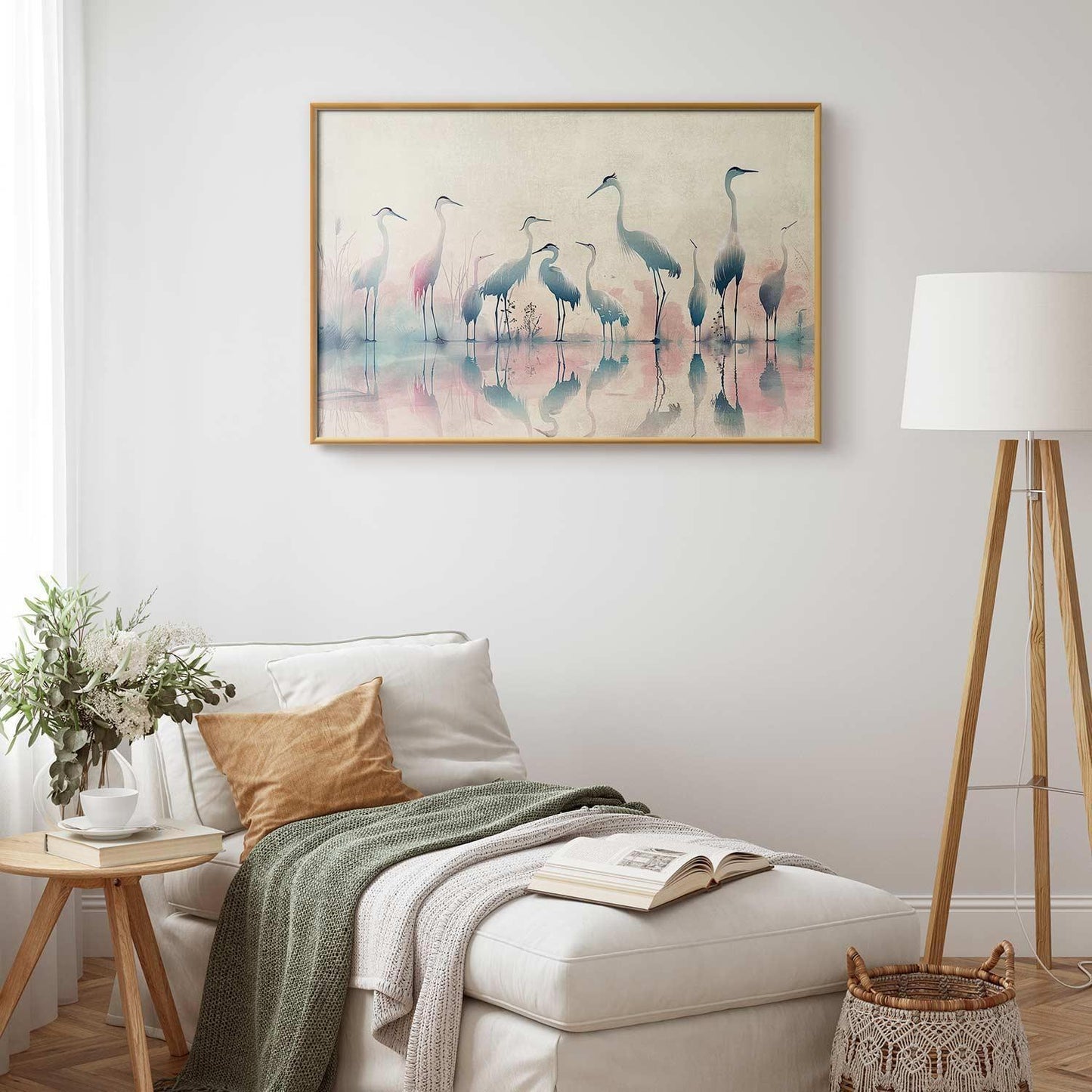 Watercolor herons poster in gray-pink palette above sofa.