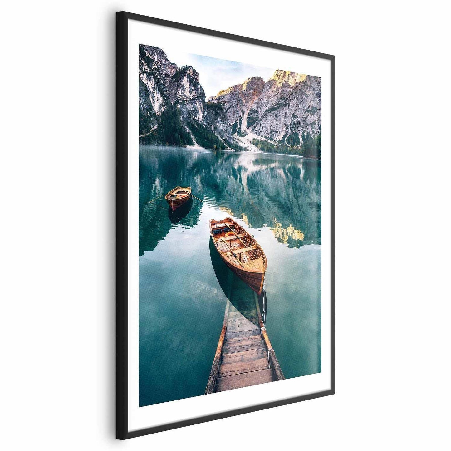 Scenic poster of boats on a lake in the Dolomites, framed art print.