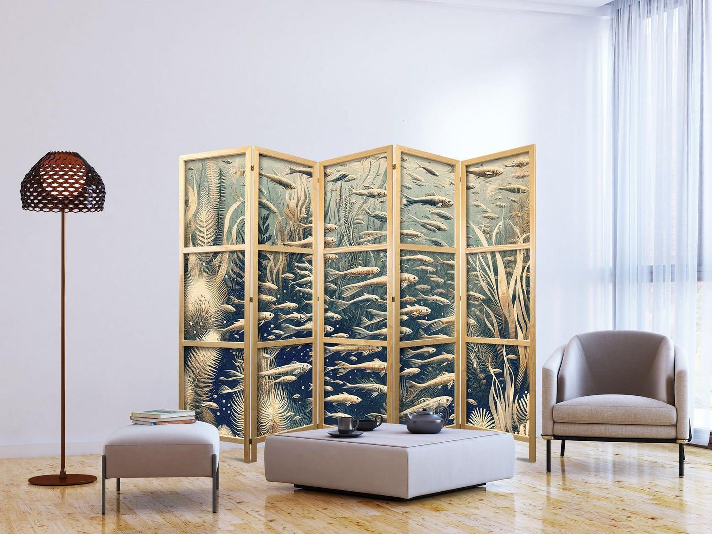 Japanischer Paravent - Life in The Ocean - Underwater World of Fish And Vegetation in Beige And Navy Colors in Retro Style Artgeist