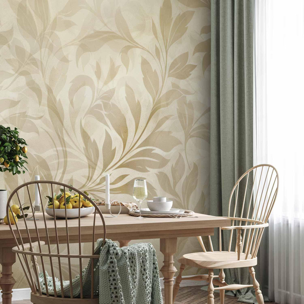 Fototapete - Botanical Motif with Leaves and Vines in Sand Colors