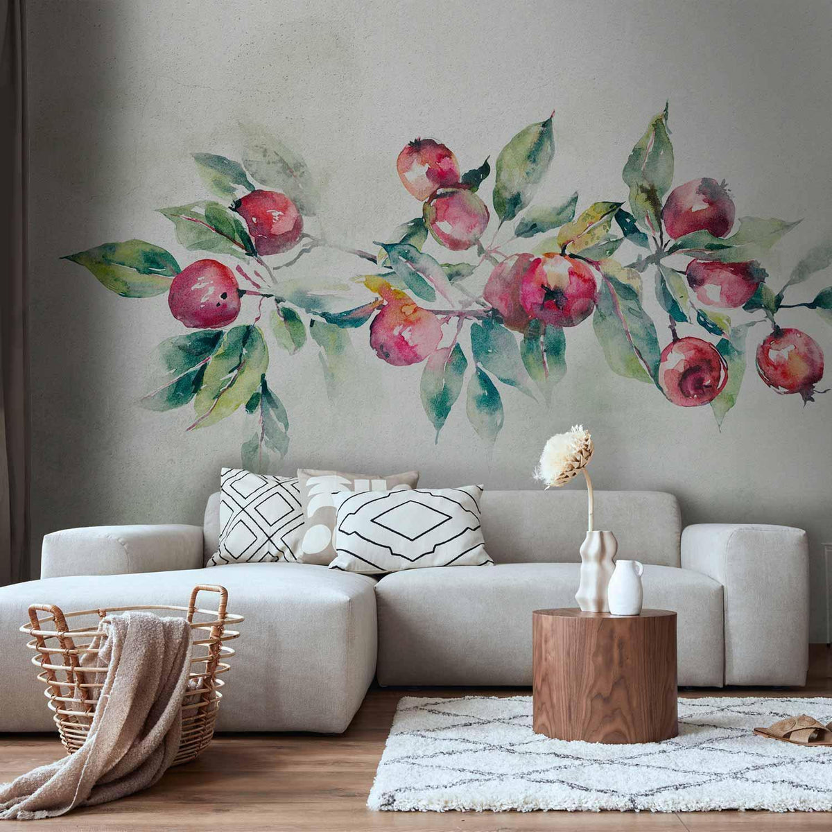 Fototapete - Apple branch - landscape with a plant and red apples on a white background