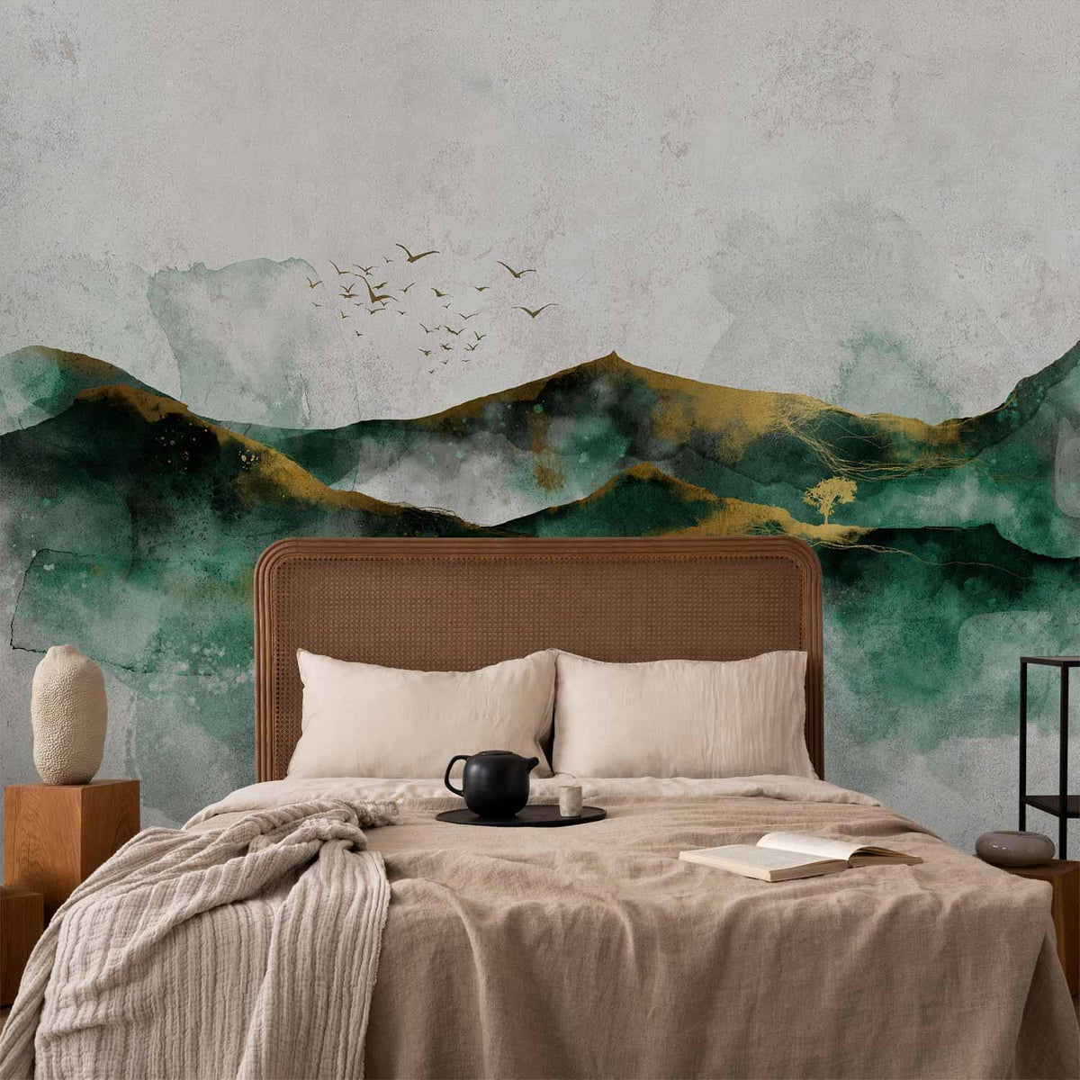 Fototapete - Abstract landscape - green mountains with golden patterns and birds