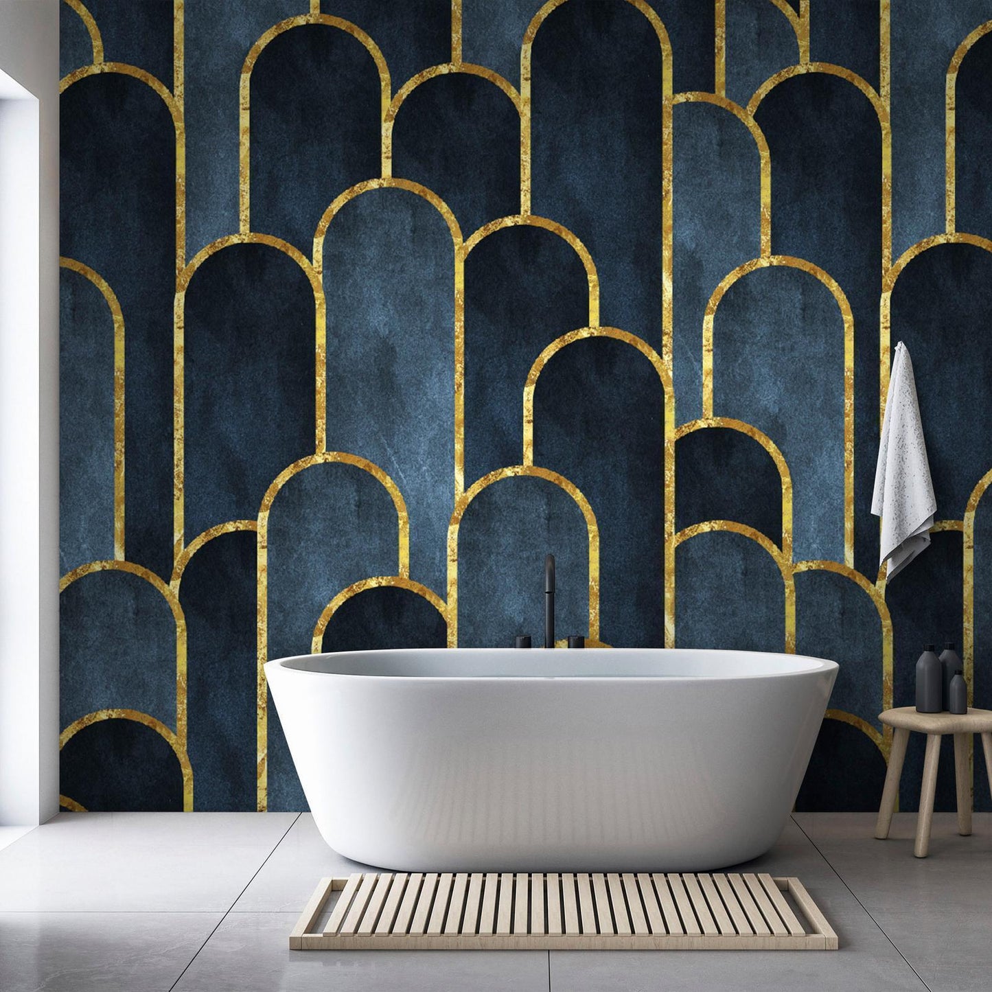 Fototapete Gold Navy Blau Muster Schlafzimmer - Elegante Luxuswandgestaltung in Gold und Navy