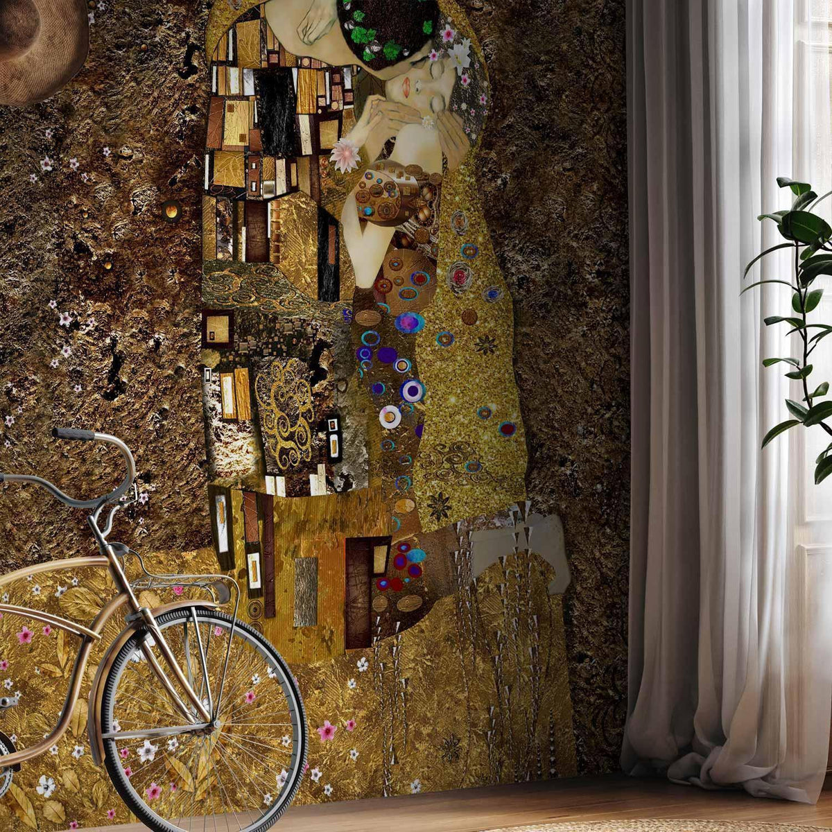 Fototapete Goldener Kuss – Klimt-inspirierte Kunst mit Goldornamenten