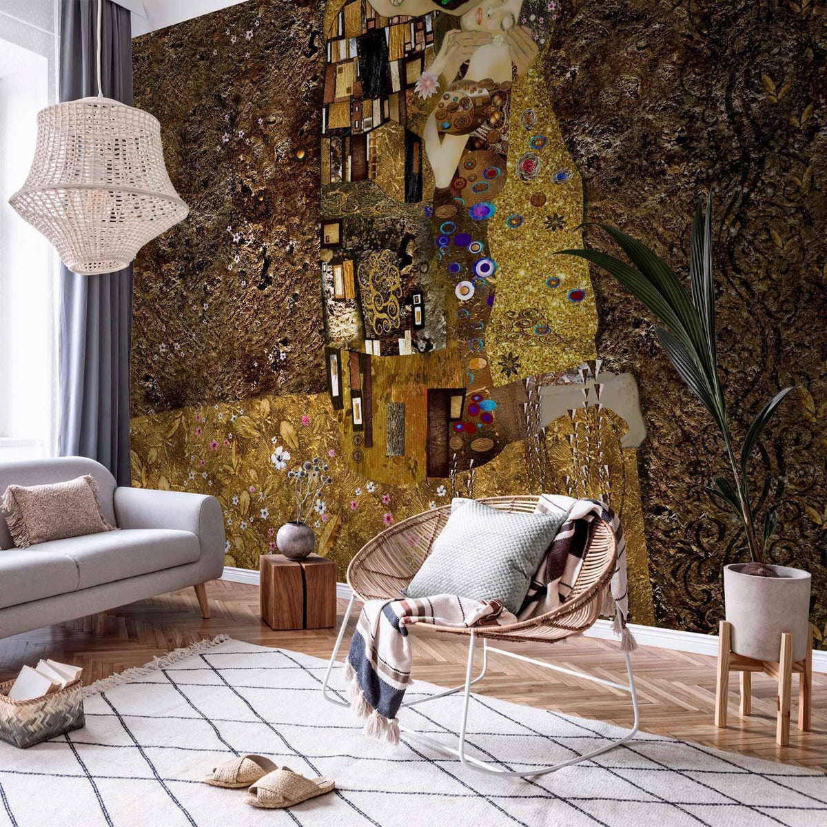 Fototapete Goldener Kuss – Klimt-inspirierte Kunst mit Goldornamenten