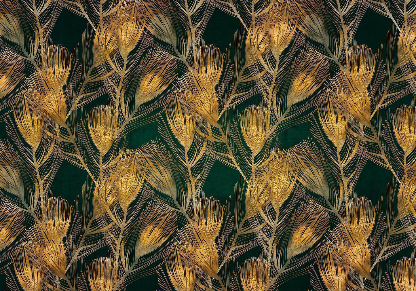 Fototapete - Golden peacock feathers - solid background with bird pattern on green background Artgeist