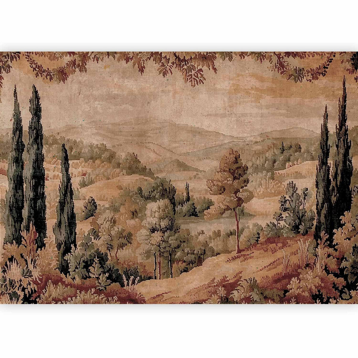 Fototapete Mediterrane Landschaft – Alter Wandteppich mit Hügel und See