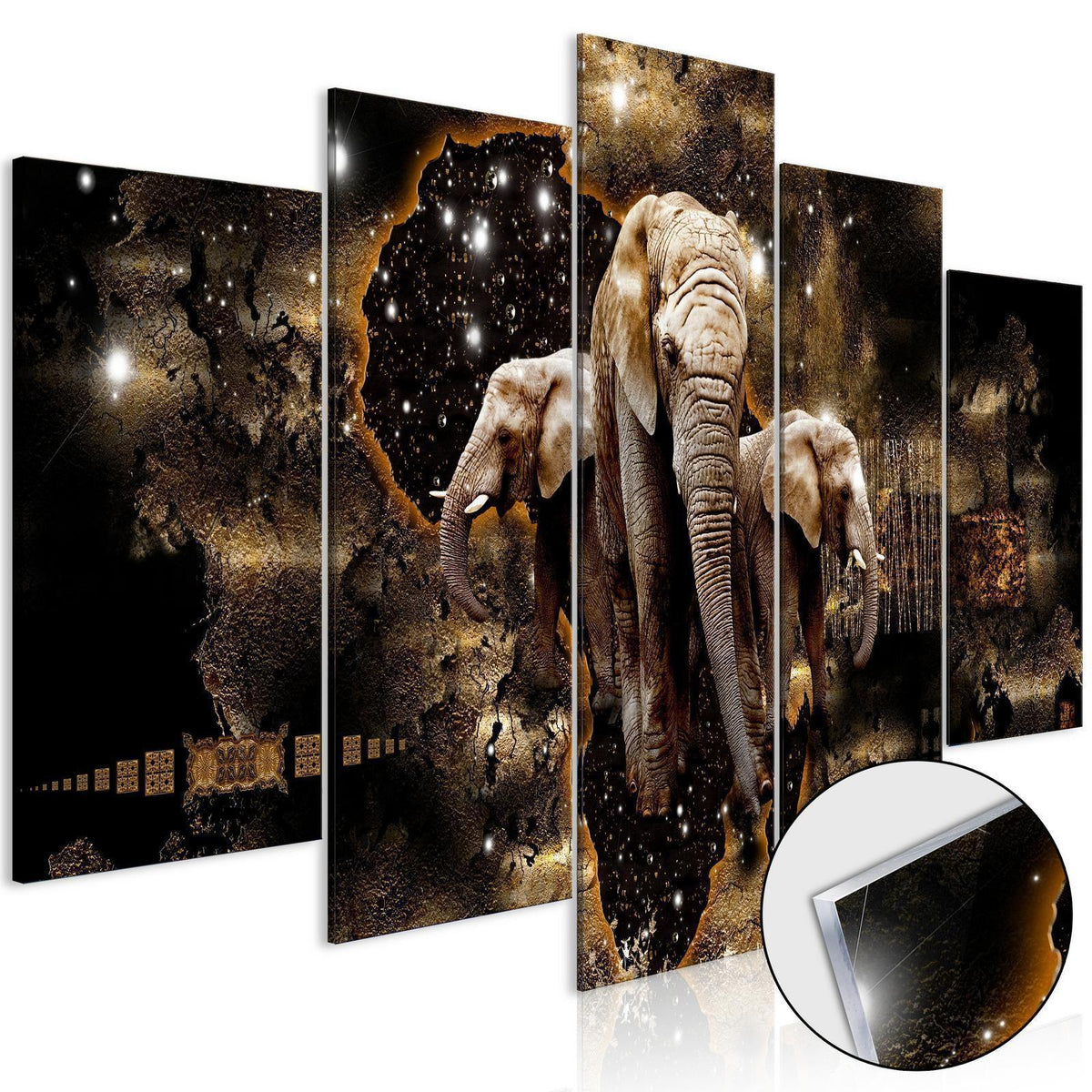 Wandbild Elefanten unter Sternen – 5-teiliges Acrylglasbild mit drei Elefanten