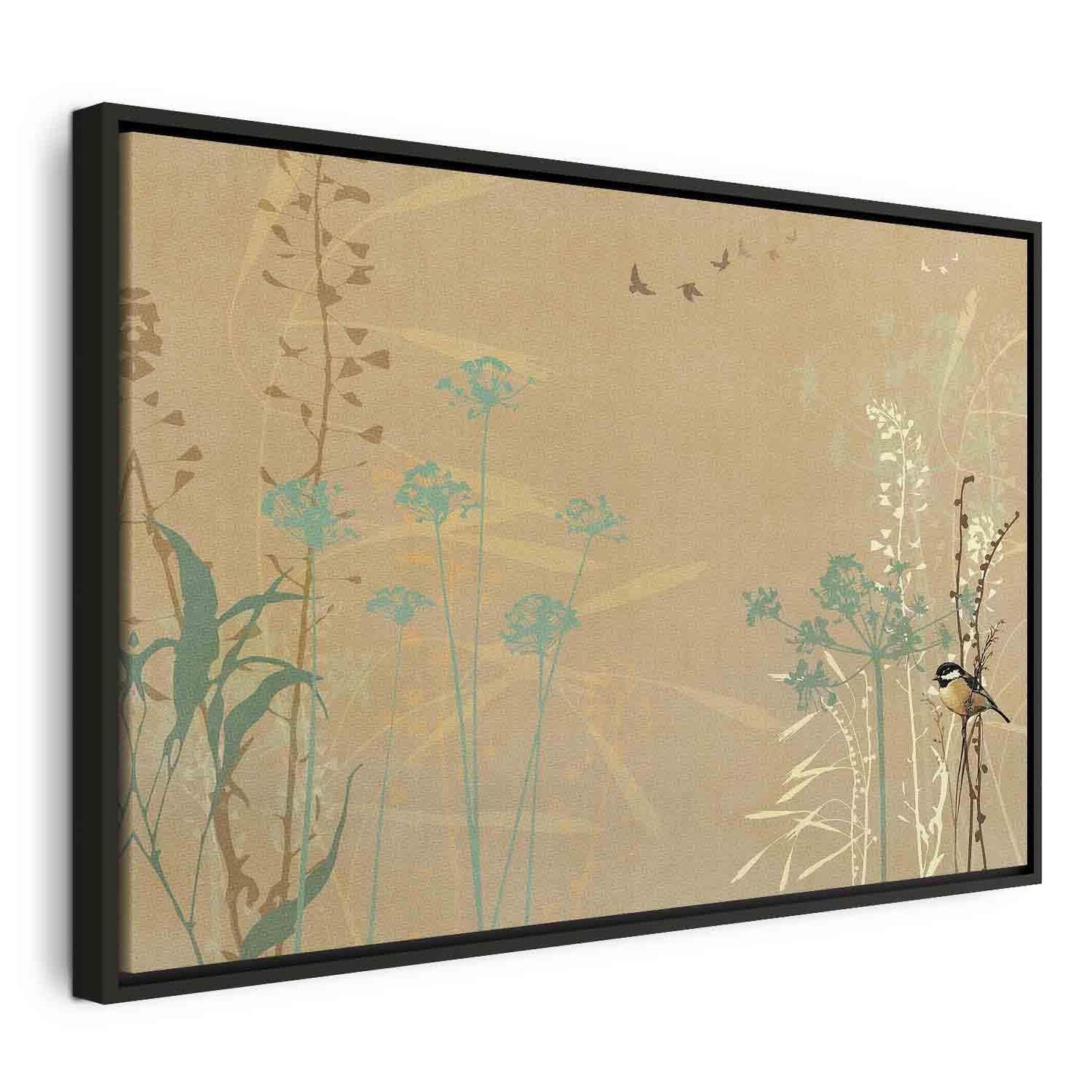 Leinwandbild - Tiny Bird - Colorful Grasses in Golden Shades of Sunset Artgeist