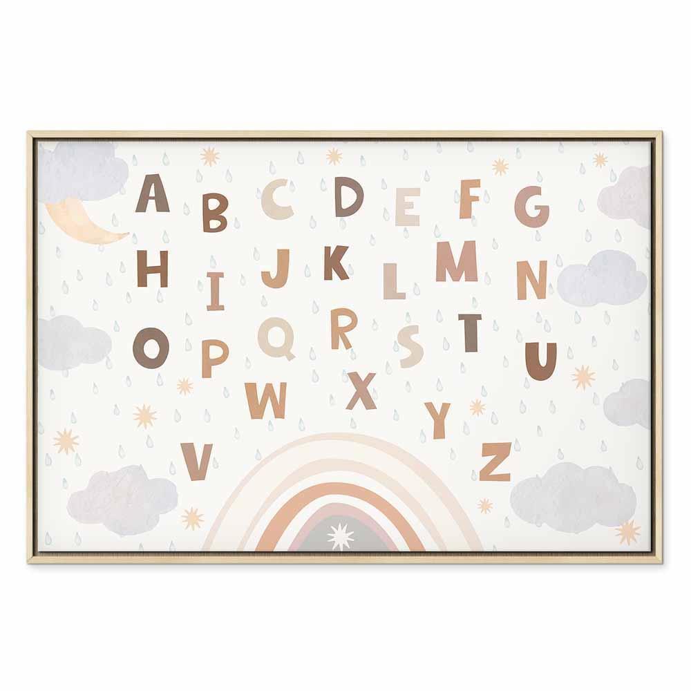 Leinwandbild - Letters Above the Rainbow - Letters Among Streams of Rain and Clouds with a Rainbow Moon and Stars on a Light Background