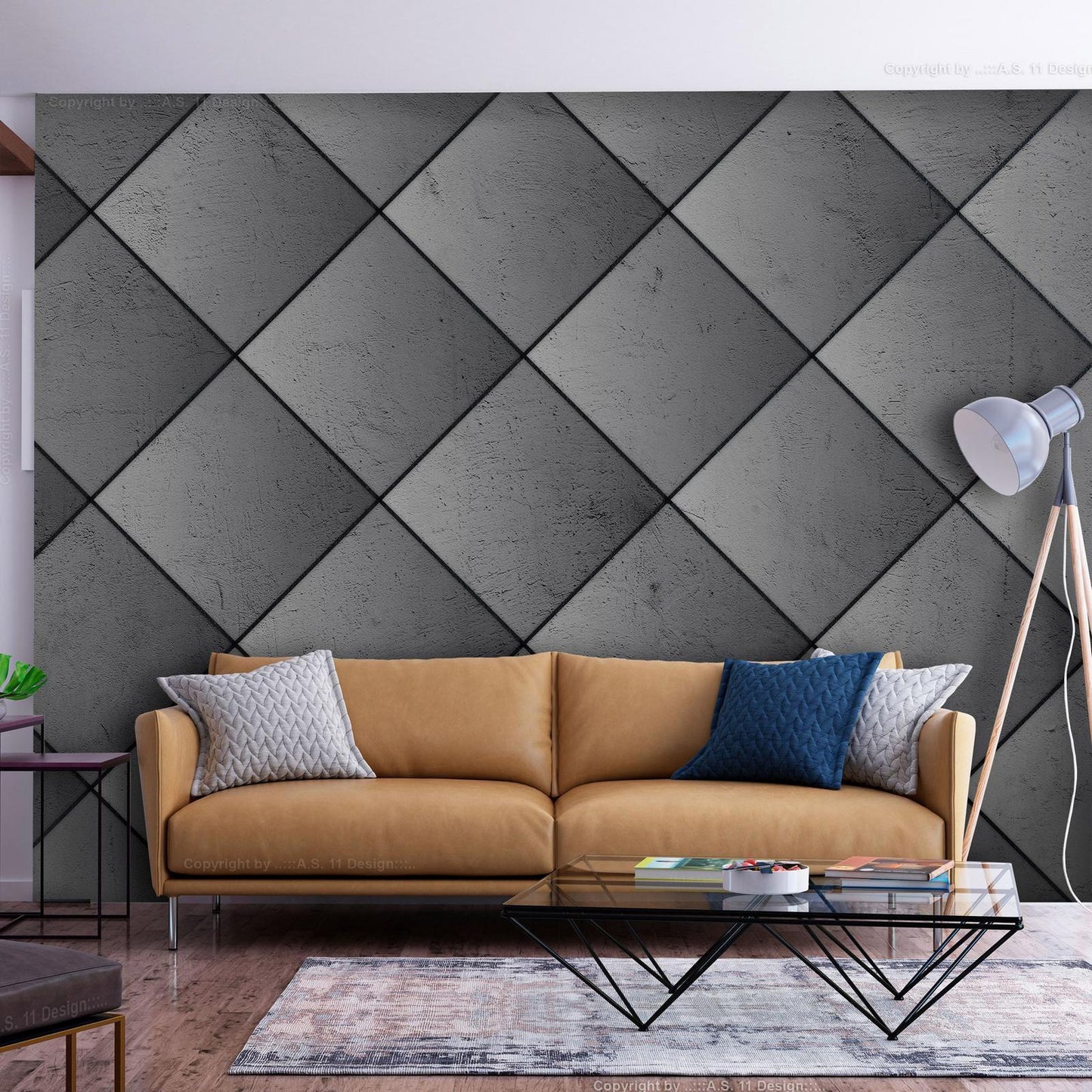Fototapete - Grey symmetry - geometric pattern in concrete pattern with black joints Artgeist