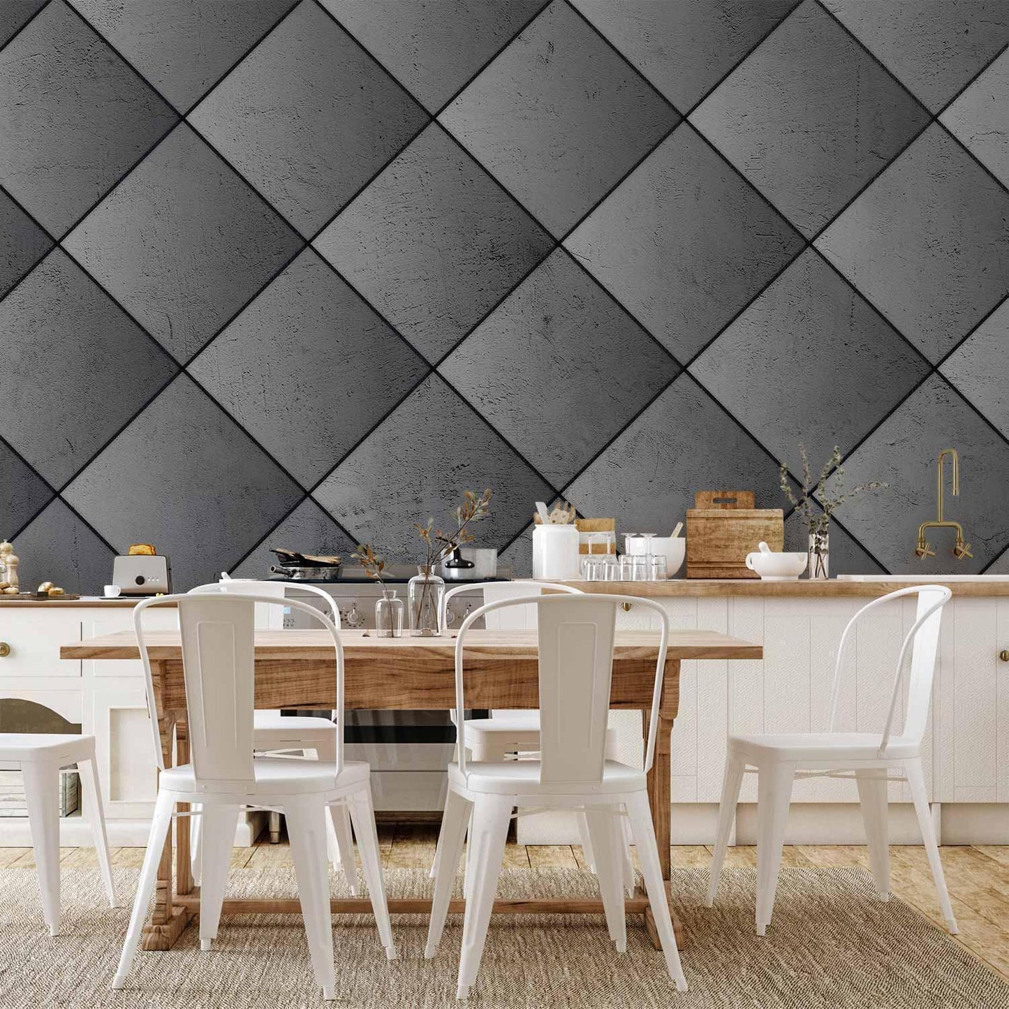 Fototapete - Grey symmetry - geometric pattern in concrete pattern with black joints Artgeist