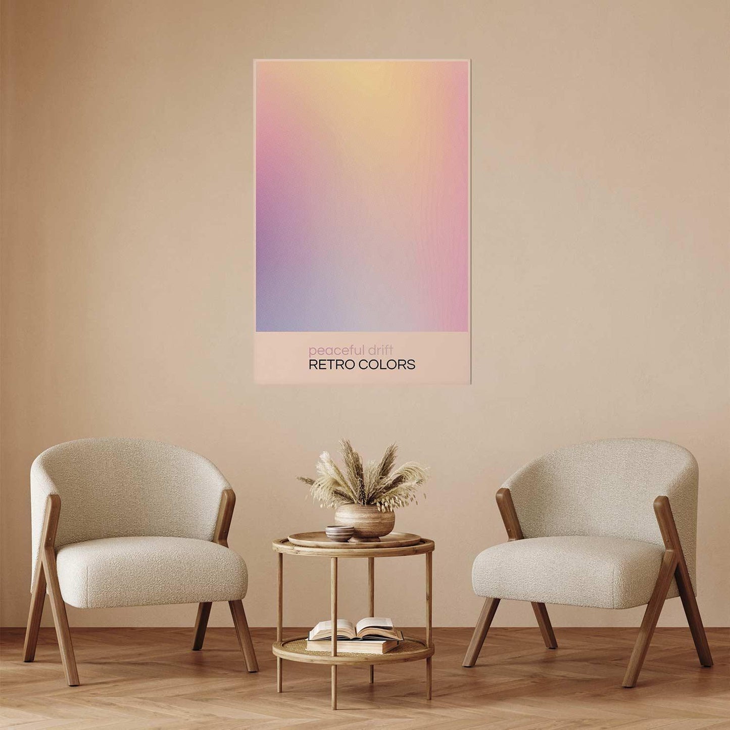 Poster with delicate pastel shades creating a harmonious whole in a minimalist living room setting.