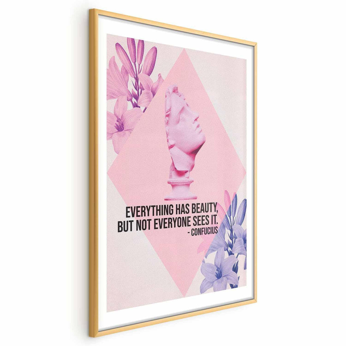 Poster - Confucius on Beauty - a bust in pink with flowers and a quote