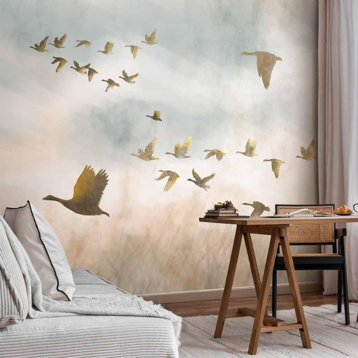 Fototapete Goldene Gänse - Elegante Illustration auf Beige