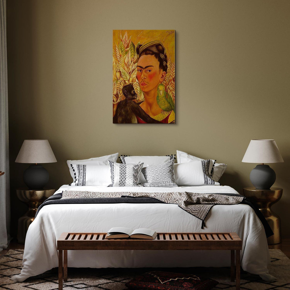 Leinwandbild - Frida Kahlo – Self-Portrait with Monkey and Parrot