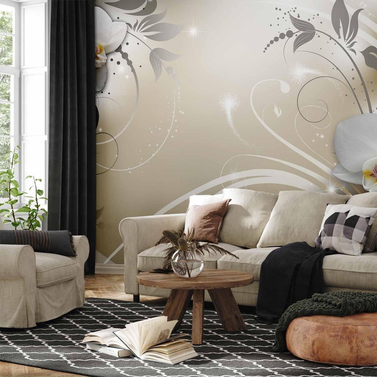 Fototapete Goldene Orchideen - Elegante Blütenpracht mit Goldakzenten