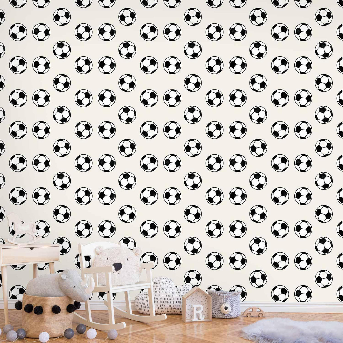 Tapete - Soccer - Symmetrical black-and-white soccer balls on a beige background