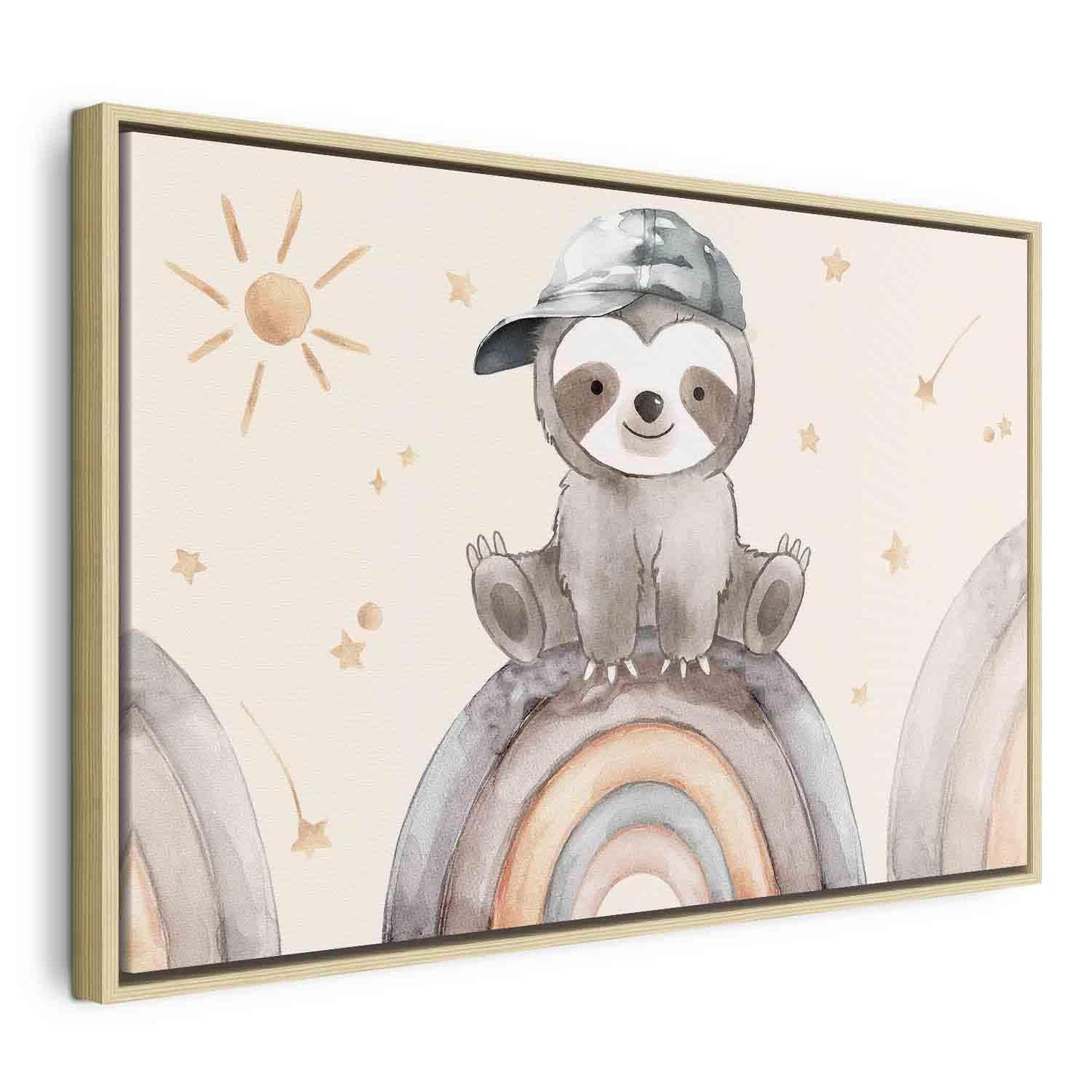 Leinwandbild - Happy Sloth - Sloth in Subdued Colors Wearing a Cap Sitting on a Rainbow Among Little Stars Artgeist