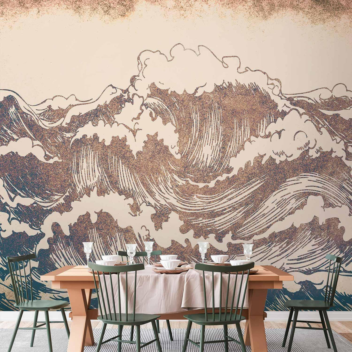 Fototapete Große Welle – japanischer Holzschnitt-Stil in Bronze und Teal