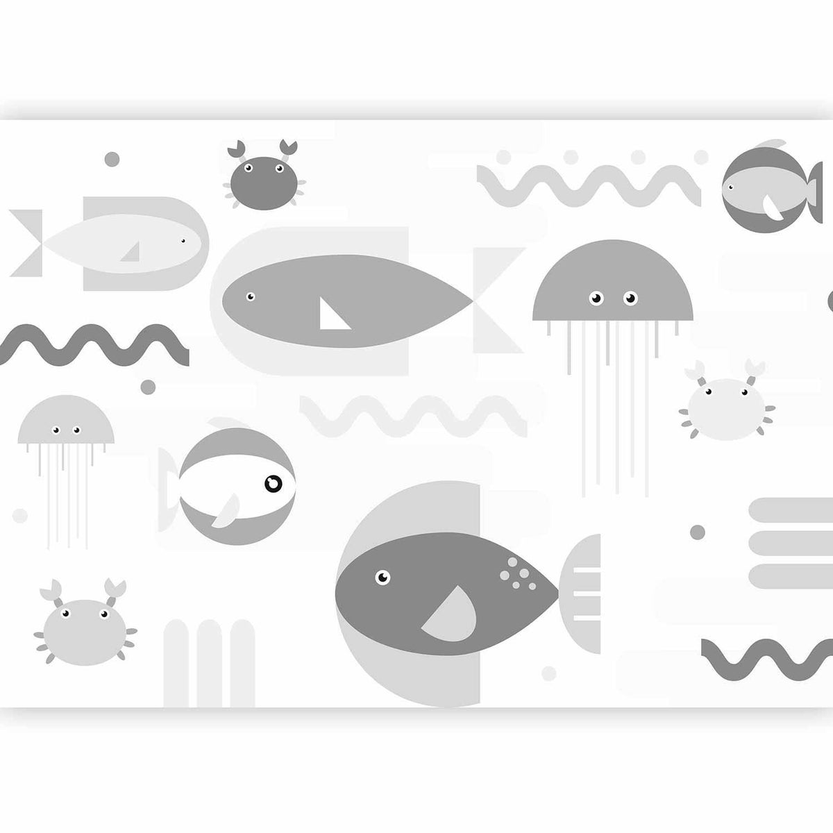 Fototapete Minimalistischer Grauer Ozean – Geometrische Fische für Kinderzimmer
