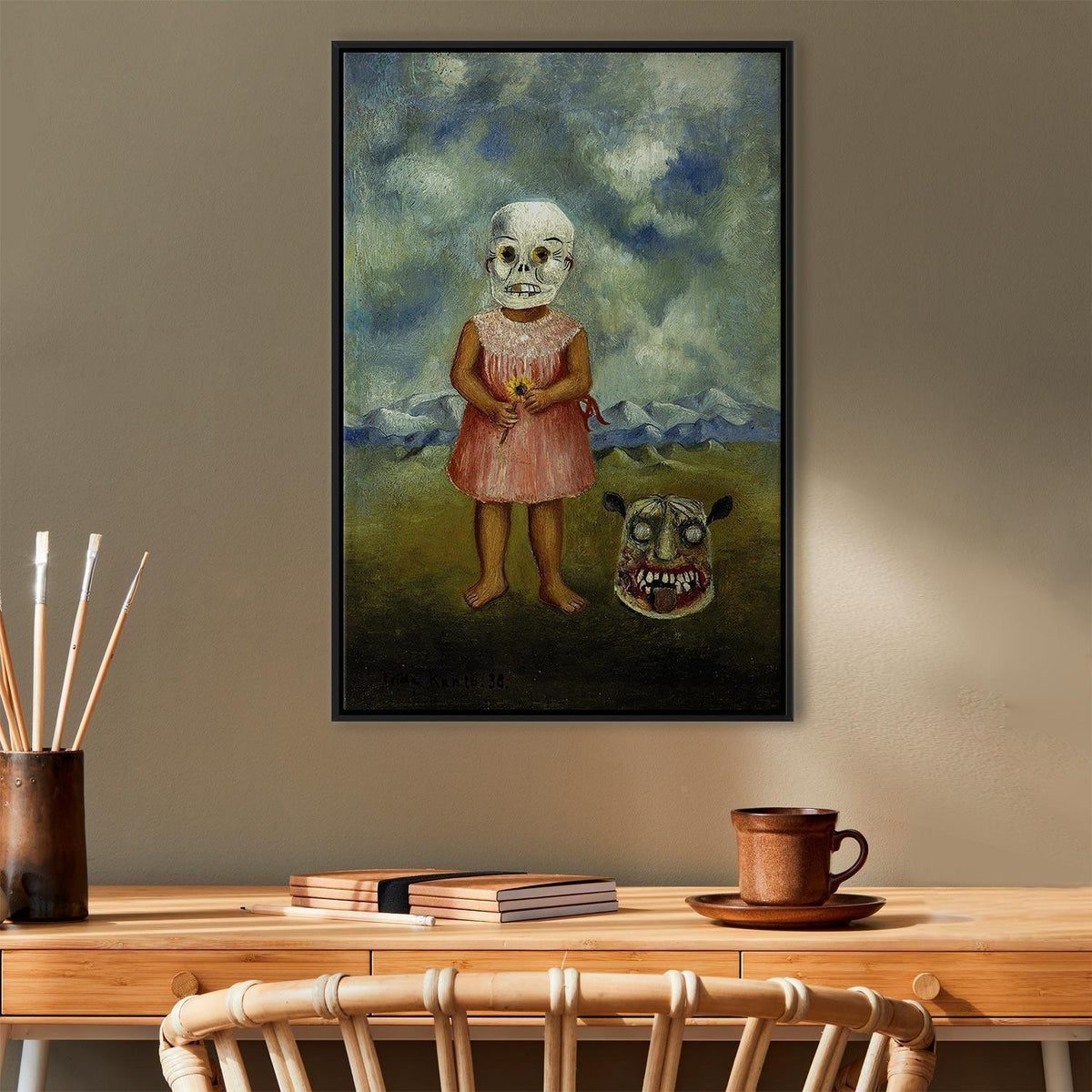 Leinwandbild - Frida Kahlo – Girl with Death Mask (She Plays Alone)