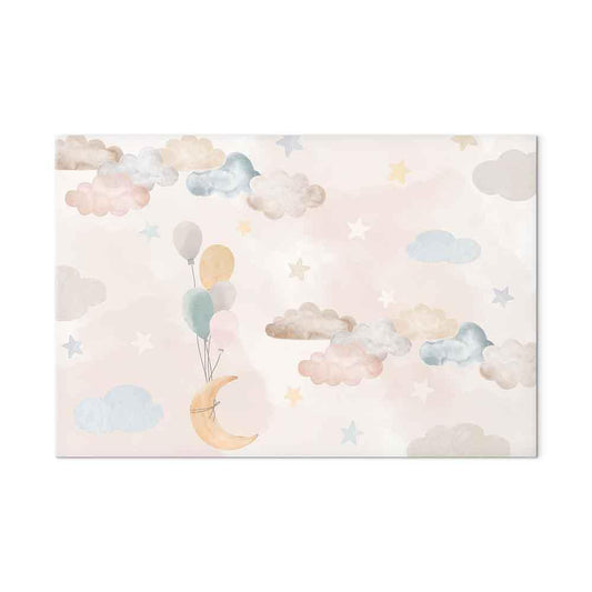 Leinwandbild - Fairy-Tale Moon - Pastel Moon with Balloons Among Colorful Clouds and Stars in Subdued Colors on a Light Background