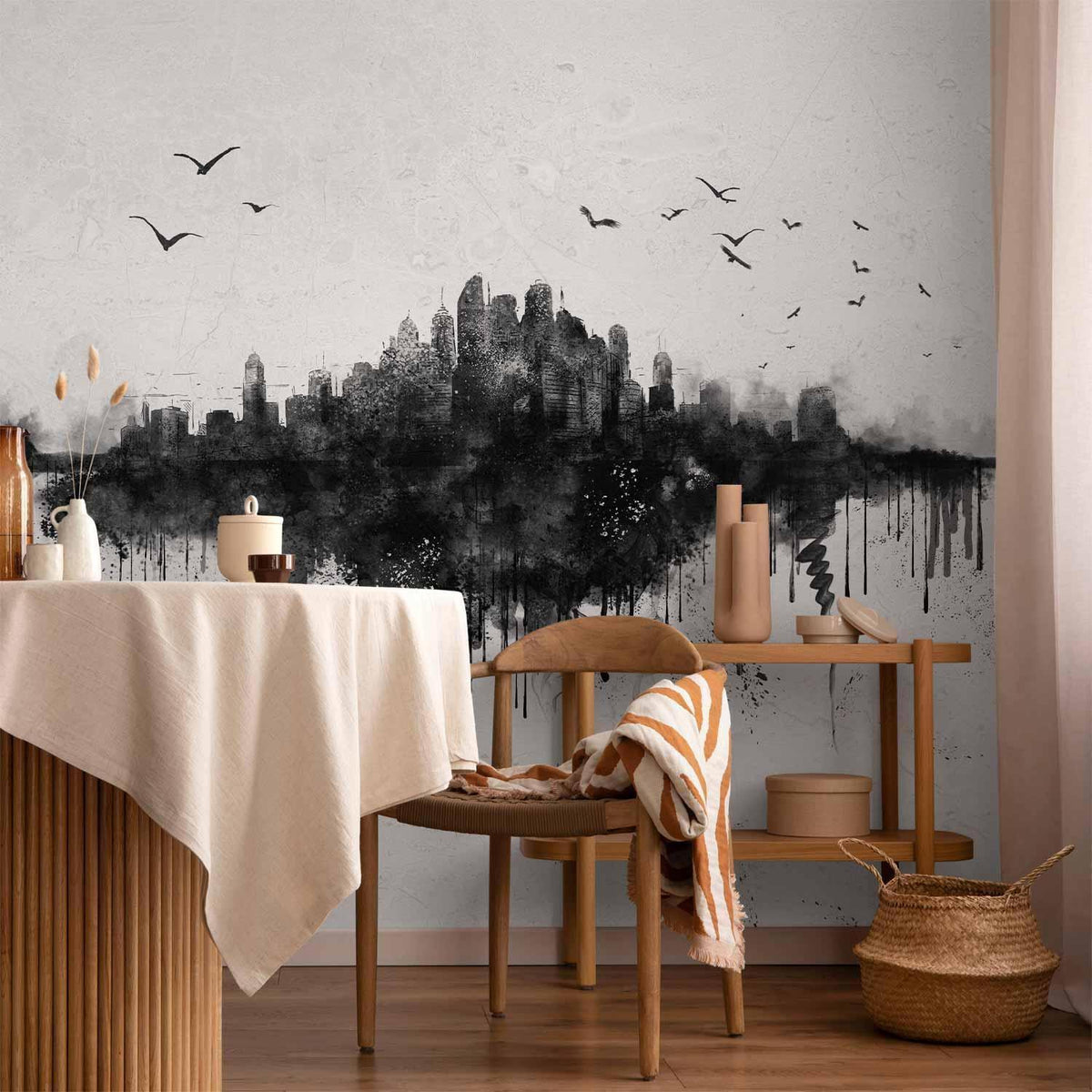 Fototapete - Big city - abstract city skyline in black watercolour style