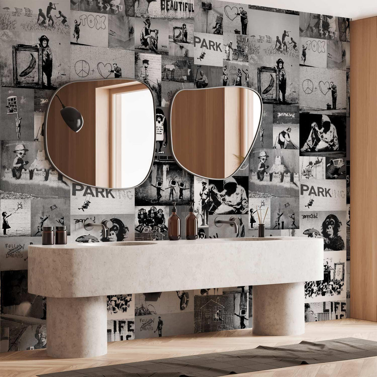 Tapete - Banksy - grey collage